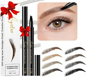 A close-up image showcasing the ANGIEHAIE Microblade Eyebrow Pen pack featuring an applied eyebrow look and various eyebrow shades displayed alongside the product.