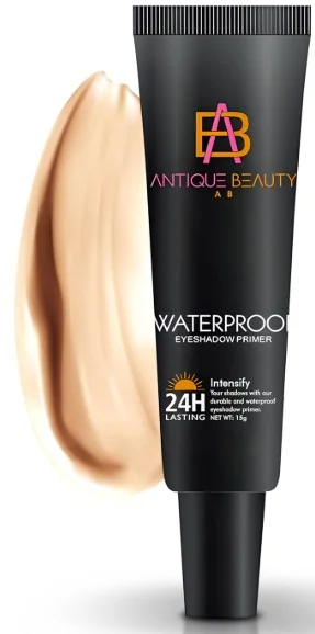 Tube of Antique Beauty Waterproof Eyeshadow Primer with a beige swatch.