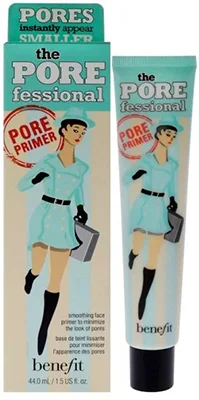 A tube of Benefit Cosmetics' The POREfessional face primer for minimizing pores displayed beside its attractive packaging featuring a retro inspired illustration of a woman in a mint-green outfit.