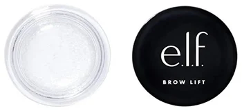 A clear jar of e.l.f. Cosmetics Brow Lift product displayed alongside its black packaging, showcasing the brand logo and product name prominently.