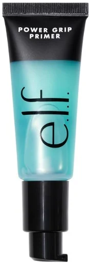 A tube of e.l.f. Power Grip Primer featuring a sleek design with a blue gradient color and black cap designed to enhance makeup wear and application.