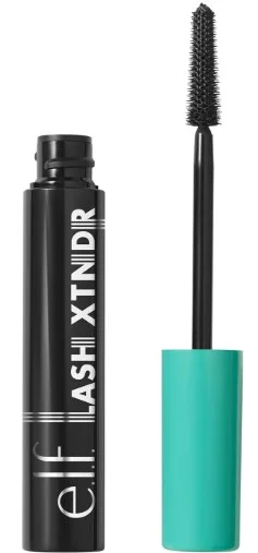 A tube of E.L.F. Lash XTNDR Mascara in Soft Black with the brush extending out of the container highlighting its design for enhancing lash length and volume.