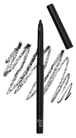 A black retractable eyeliner pencil from e.l.f. cosmetics showcasing a sleek design with lid removed emphasizing the product for long lasting eye makeup application.