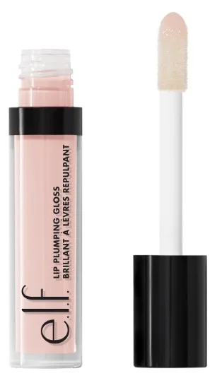 e.l.f. lip plumping gloss with applicator displayed, featuring a soft pink shade and black cap.