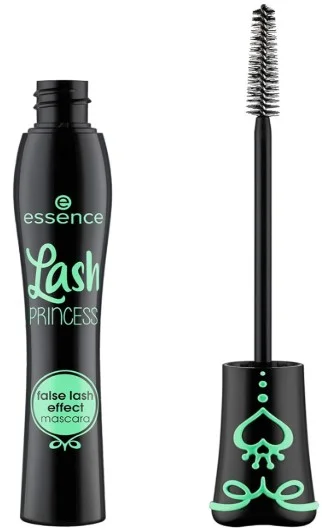 A tube of Essence Lash Princess False Lash Effect Mascara with a unique black design and mint green accents accompanied by its applicator brush, showcasing its sleek and stylish packaging ideal for enhancing eyelashes.