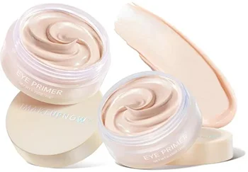 Open jar of IMakeupNow Eyeshadow Primer Cream with product texture visible and a smear sample above it.
