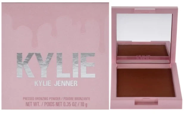 Kylie Cosmetics Pressed Bronzing Powder in 100 Khaki with a pink compact and open mirror.