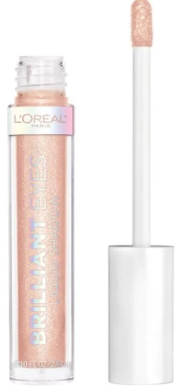 L'Oreal Paris Brilliant Eyes Shimmer Liquid Eye Shadow in a clear tube with a white applicator wand featuring a shimmering peach hue perfect for adding sparkle to eye makeup looks.