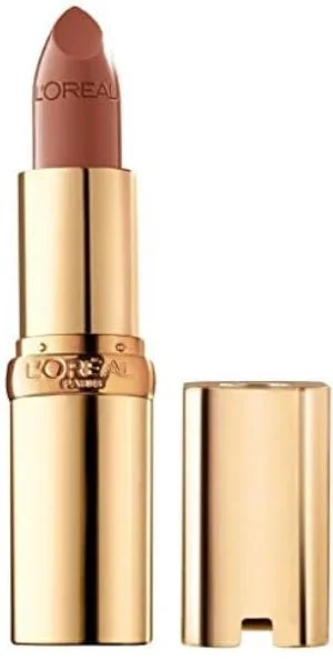 A tube of L’Oréal Paris Colour Riche Original Creamy Hydrating Satin Lipstick in a natural pink shade, displayed with the cap removed showcasing its creamy texture and elegant gold packaging.