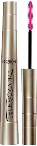 L'Oréal Paris Telescopic mascara with brush applicator extended from the silver tube.