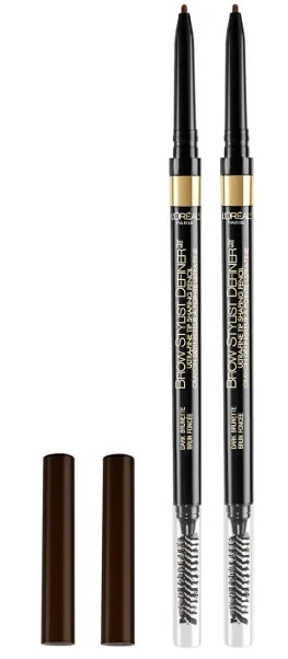 A close-up of the L'Oreal Paris Makeup Brow Stylist Definer Waterproof Eyebrow Pencil featuring a black pencil with a retractable tip, accompanied by its brown cap and a built-in brow brush on the opposite end for grooming.