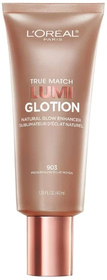 A tube of L'Oreal Paris Makeup True Match Lumi Glotion showcasing the natural glow enhancer with a light bronze hue.