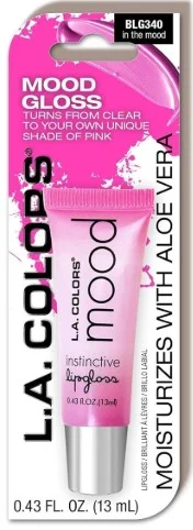 Packaging of L.A. COLORS Mood Lip-gloss In The Mood with aloe vera, featuring a pink tube that adapts to a unique shade of pink.