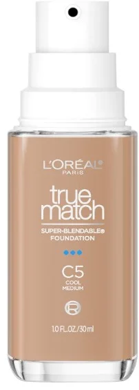 A bottle of L'Oreal Paris True Match Liquid Foundation in shade N4 featuring a pump dispenser and a clear cap showcasing the lightweight formula suitable for a natural finish.
