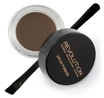Open jar of Makeup Revolution Brow Pomade in a brown color with black brush and lid on a white background.