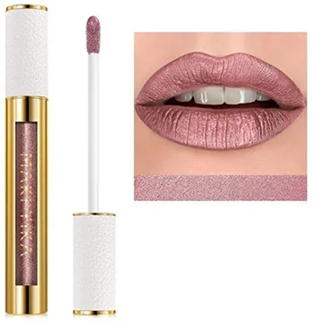 Maki Yika Metallic Pink Lipstick tube displayed alongside a close up of a model's lips wearing the same lipstick color.