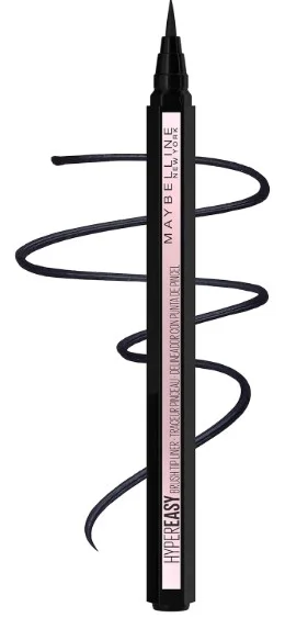 Maybelline Hyper Easy No Skip Liquid Pen Eyeliner with a swirled line sample featuring a flexible brush tip.