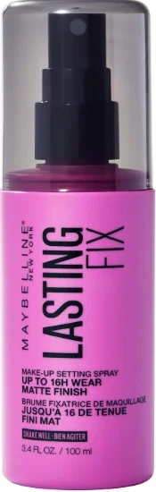 Maybelline Lasting Fix Matte Finish Makeup Setting Spray in a pink bottle with spray nozzle.