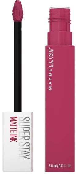 A close up image of a Maybelline Super Stay Matte Ink Liquid Lipstick in red featuring the applicator wand beside the lipstick tube. 