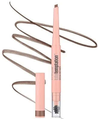 Maybelline Total Temptation Eyebrow Pencil with cap off and brush end visible, alongside swatches of the product.