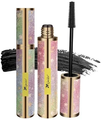 A close up of Mimido 4D Silk Fiber Black Waterproof Mascara showcasing its elegant packaging with a glittering pink and gold design, alongside a bold black mascara brush and a streak of mascara, illustrating its texture and application.