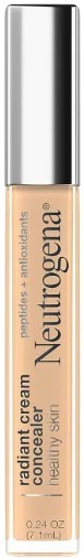 A tube of Neutrogena Healthy Skin Radiant Brightening Cream Concealer featuring a clear applicator tip and a beige shade for brightening and skin correction.