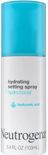 Neutrogena Hydro Boost Hydrating Makeup Setting Spray bottle with blue cap and hyaluronic acid label.
