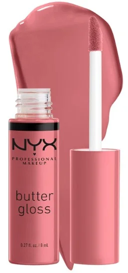 NYX Professional Makeup Butter Lip Gloss in pink shade with open applicator.