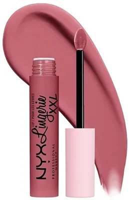 NYX Professional Makeup Lip Lingerie XXL Matte Liquid Lipstick in pink shade with applicator and swatch.
