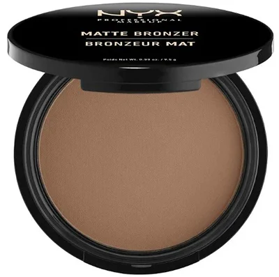 A round container of NYX PROFESSIONAL MAKEUP Matte Bronzer in medium shade featuring a sleek black lid with gold lettering indicating the product name.