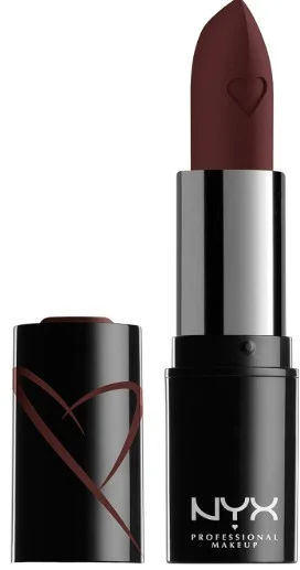 A close up image of NYX PROFESSIONAL MAKEUP Shout Loud Satin Lipstick featuring a deep burgundy shade displayed in its black tube with a heart design on the cap.