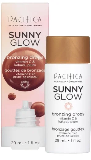 Bottle and packaging of Pacifica Beauty Sunny Glow Bronzing Drops with vitamin C and kakadu plum, highlighting the product's vegan and cruelty free attributes, 29 ml size.