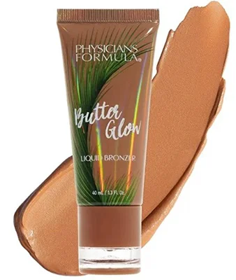 Physicians Formula Butter Glow Liquid Bronzer with product swatch showing a smooth, rich bronze tone.