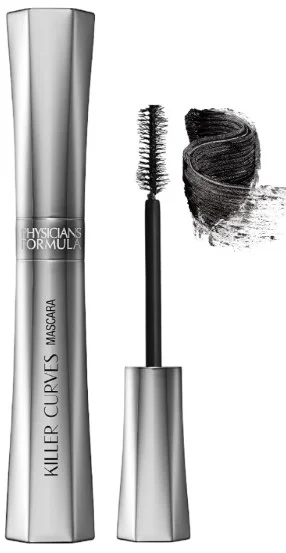 Image of Physicians Formula Killer Curves Curling Mascara in black, showcasing the sleek silver packaging alongside the brush applicator and a swatch of the mascara, emphasizing its curling effect.