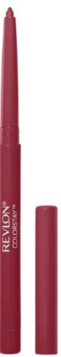 A close-up image of a Revlon Colorstay Lip Liner pencil uncapped in a deep red shade featuring a built in sharpener.