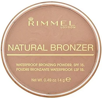 Rimmel London Natural Sun Bronzer packaging showing product details and SPF 15 waterproof bronzing powder.