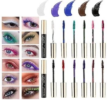 Roseflower various colored mascara wands and their effects on different eye makeup looks.