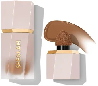 A SHEGLAM Sun Sculpt Cool Toned Liquid Contour Stick displayed alongside its applicator showcasing a sleek design and rich brown contour shade.