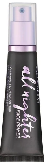 A tube of Urban Decay All Nighter Longwear Face Primer featuring a sleek black design with a pump top showcasing its purpose as a makeup primer for long lasting wear.