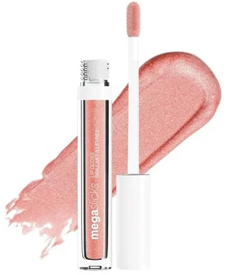 Wet n Wild Mega Slicks Lip Gloss in pink shade with applicator, showcasing glossy texture.