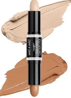 Wet N Wild MegaGlo Dual Ended Contour Stick with beige and brown contour shades in background.