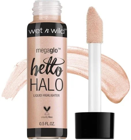 Wet n Wild MegaGlo Hello Halo Liquid Highlighter bottle with applicator showcasing the product's creamy texture and shimmery finish.