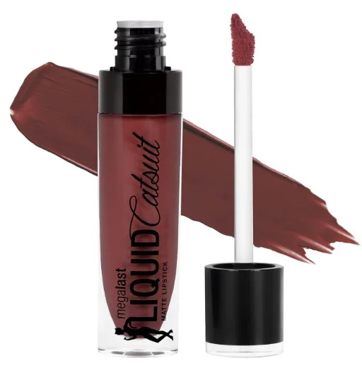Wet n Wild Megalast Liquid Catsuit Matte Lipstick in dark red shade with open applicator and color swatch.