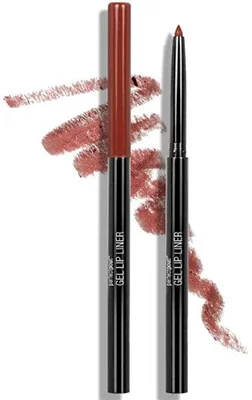 A Wet n Wild Color Icon lip liner pencil in dark brown positioned upright with swatches of dark brown lip color behind it, showcasing its creamy texture and rich pigmentation.
