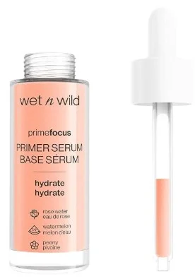 A bottle of Wet n Wild Prime Focus Primer Serum for Face with a label that reads PRIMER SERUM BASE SÉRUM and details about hydration benefits, accompanied by a dropper for easy application.